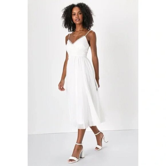 Lulus Sweet Serenade White Tulle Swiss Dot Surplice Midi Dress size xl - Picture 3 of 9
